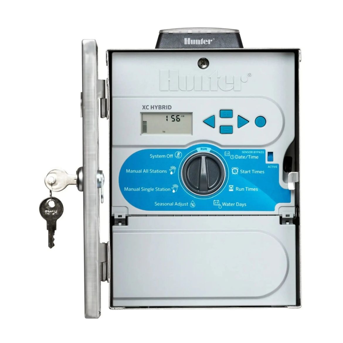 Picture of Hunter XC Hybrid 6 Station DC Battery Stainless Steel Controller with Hunter Solar Panel Kit Installed